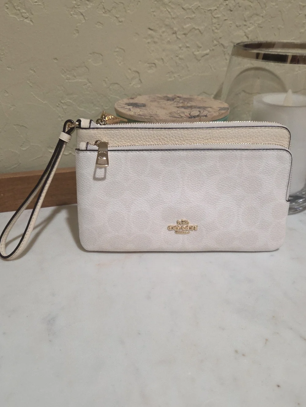 Coach Cream White Signature Double Zip Wristlet with Wrist Strap